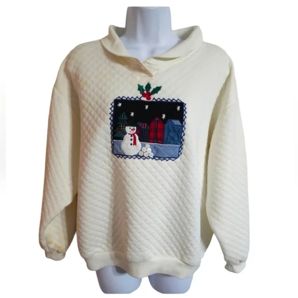 Vintage Jantzen Quilted Snowman Sweater Large White 80s Winter Holiday Pullover - Picture 2 of 9
